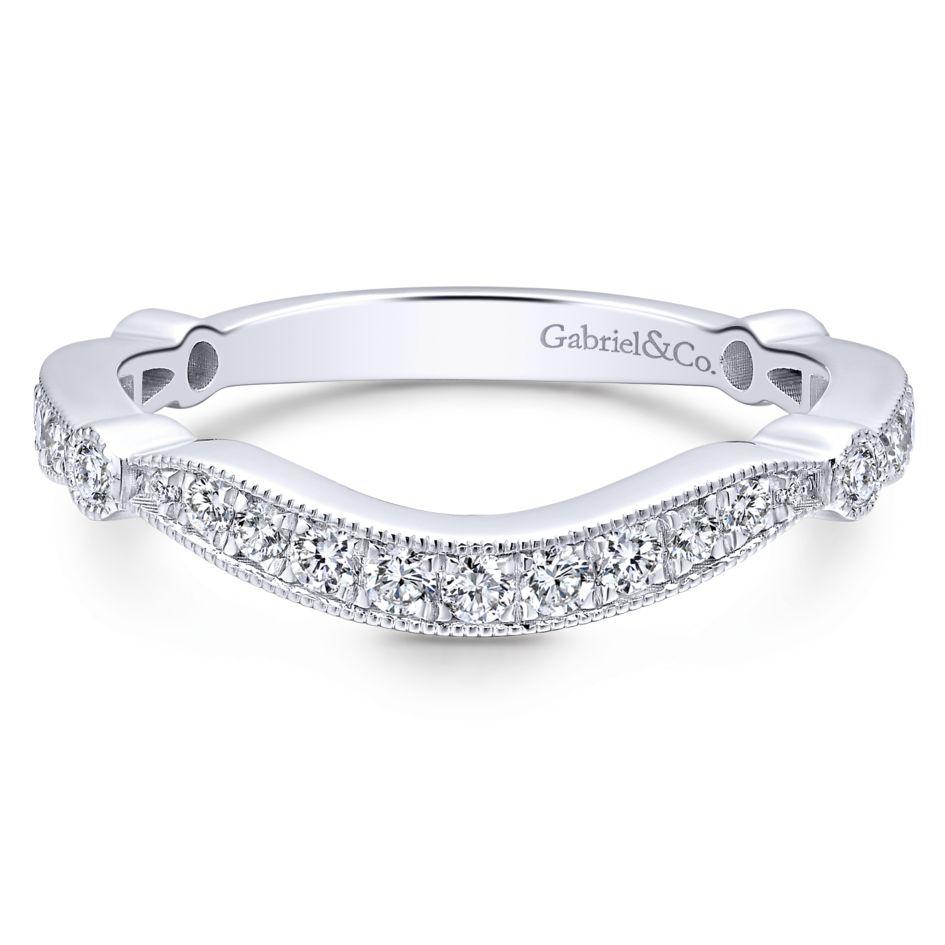 Wedding Ring - 14K White Gold .34cttw Bead Set Curved Diamond Wedding Band With Milgrain Detail.