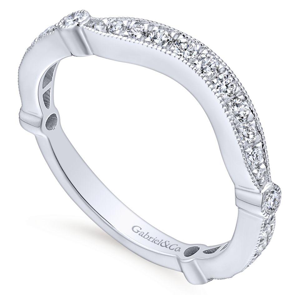 Wedding Ring - 14K White Gold .34cttw Bead Set Curved Diamond Wedding Band With Milgrain Detail.