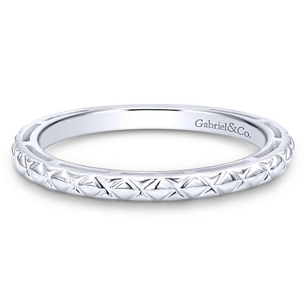 Wedding Ring - 14K White Gold Engraved Stackable Ring
