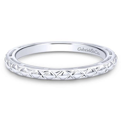 Wedding Ring - 14K White Gold Engraved Stackable Ring