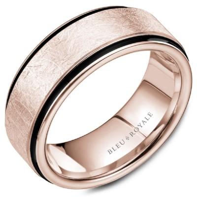 Wedding Ring - Bleu Royale 14K Rose Gold 8.5MM Mens Wedding Ring With Distressed Diamond Brush Finish And Black Carbon Accents