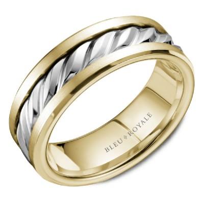 Wedding Ring - Bleu Royale 14K Two Tone 7.5MM Mens Wedding Ring With Beveled Interior