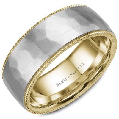 Wedding Ring - Bleu Royale 14K Two-Tone Brushed And Hammered Mens Wedding Ring With Roped Edging