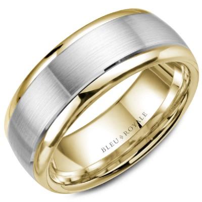 Wedding Ring - Bleu Royale 14K Two Tone Gold 7.5MM Mens Wedding Ring With Brushed Center