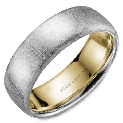 Wedding Ring - Bleu Royale 14K White And Yellow Gold Mens Wedding Ring With Distressed Diamond Brush Finish