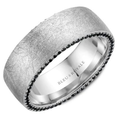 Wedding Ring - Bleu Royale 14K White Gold Distressed Men's Wedding Ring With Black Diamond Edging