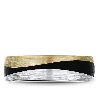 Wedding Ring - Bleu Royale 14K Yellow And White Gold 7MM Mens Wedding Ring With With Waved Tri-tone And Black Carbon Accents