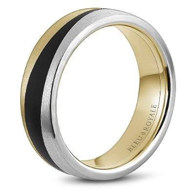 Wedding Ring - Bleu Royale 14K Yellow And White Gold 7MM Mens Wedding Ring With With Waved Tri-tone And Black Carbon Accents
