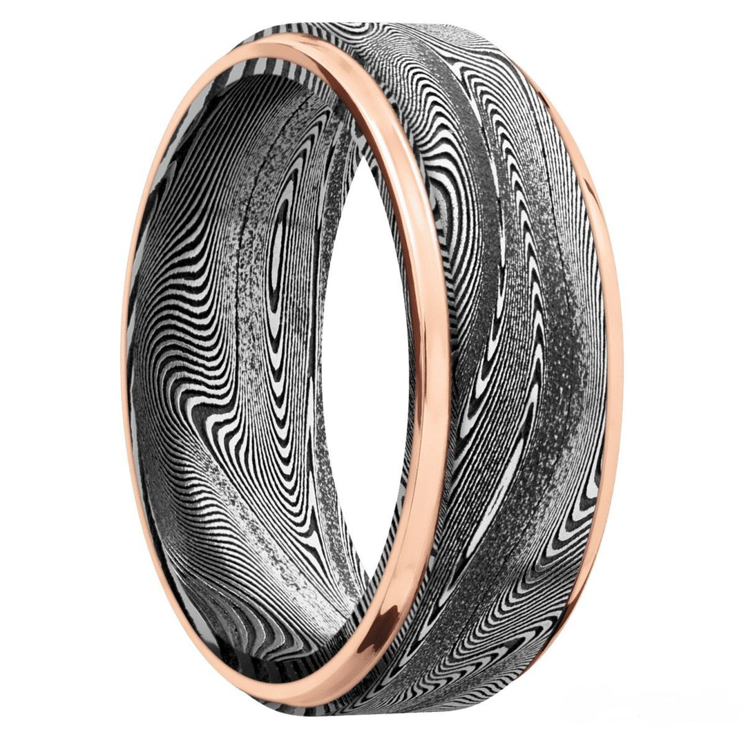 Damascus Steel Wide Flat Band Grooved Edges And Acid Finish