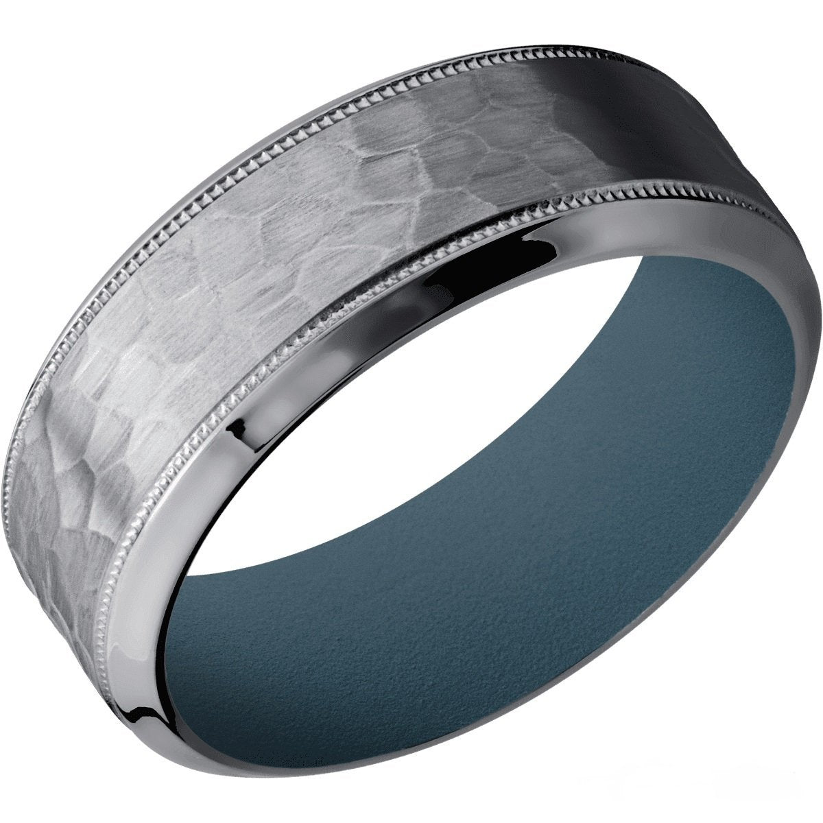 Silver Hammered Ring Mens Wedding Band Tungsten Ring 8mm Blue