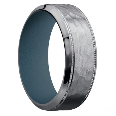 Tantalum Hammered Wedding Ring with Milgrain Detail and Stone Blue Cerakote Inner Sleeve