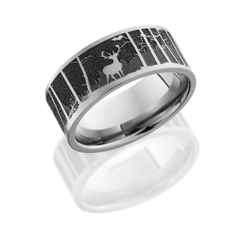 WEDDING - Titanium 9mm Wide Laser Carved Elk And Mountain Design Wedding Band